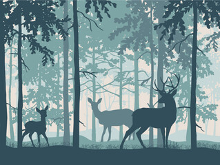 Deer with doe and fawn in magic misty forest. Silhouettes of trees and animals. Blue background, illustration.