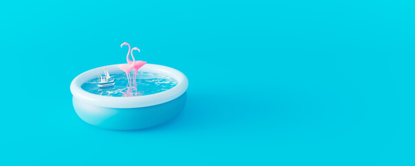 Pink flamingos in Swimming pool. Stay at home and keep savings concept. Quarantine period for travel destinations and summer vacations. 3d render 3d illustration