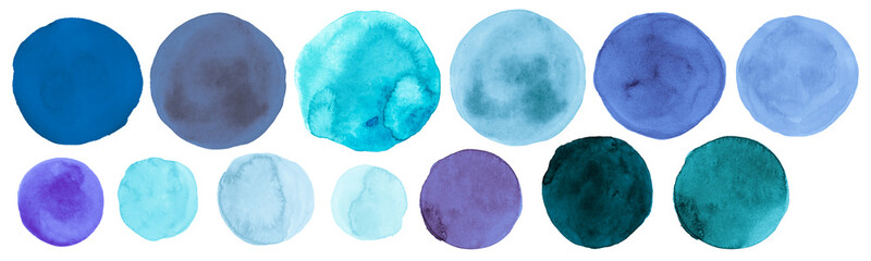 Teal Watercolor Circle. Isolated Hand Paint Stains on Paper. Blue Art Drops Background. Brush...