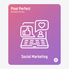 Social media marketing thin line icon: open laptop with thumbs up and heart on screen. Digital strategy. Pixel perfect, editable stroke. Vector illustration.