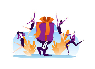 People around man holding flat box gift for woman group concept, vector illustration. Gift present for girl female person character.