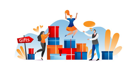 Gift box for man woman people, vector illustration. Flat happy people character with present, cartoon fun party celebration. Surprise for holiday