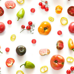 tomatoes and other vegetables isolated on white background, seamless pattern