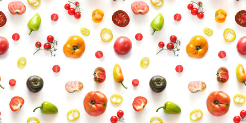 tomatoes and other vegetables isolated on white background, seamless pattern