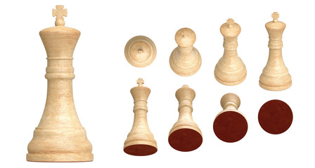 Set of white wooden king chess pieces in 9 angled views isolated on white background. 3d render illustration. 