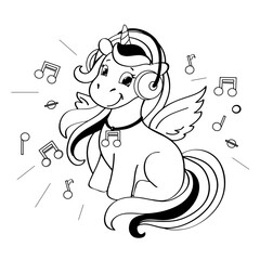Obraz premium A cute unicorn in headphones listens to music in one line. Vector illustration coloring book for children