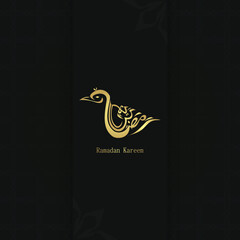 Arabic calligraphy design for Ramadan kareem is in the shape of a bird motif, with an elegant and luxurious abstract black background template. greeting card designs for Ramadan Kareem celebrations 