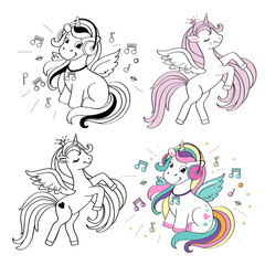 Cute summer unicorns one line collection. Vector illustration coloring book for children on a white background