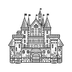 medieval castle sketch engraving vector illustration. T-shirt apparel print design. Scratch board imitation. Black and white hand drawn image.
