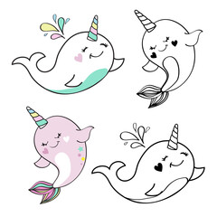 Cute summer whale unicorn isolated. vector illustration coloring book for kids