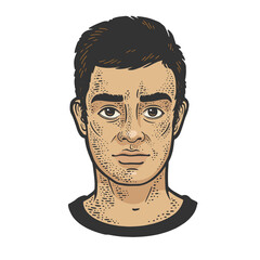 Man face classic hairstyle color sketch engraving vector illustration. T-shirt apparel print design. Scratch board imitation. Black and white hand drawn image.