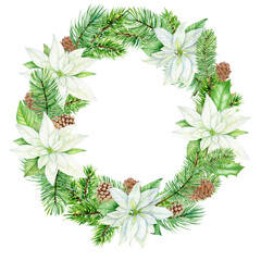 Watercolor christmas frame, border with white poinsettia flowers. Botanical illustration isolated on white background. Perfect for cards, invitations, template