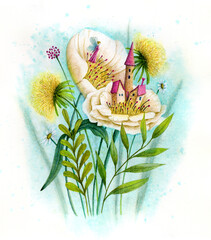 Naklejki  Dom na kwiatach z wróżką, trawą, mniszkiem lekarskim i liśćmi. Ilustracja akwarela i kolorowy ołówek.