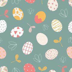 Easter seamless pattern with eggs and spring flowers and sprouts. Pattern with hand drawn ornamental eggs in delicate colours. Illustration flat style design for invitations, prints, wrapping paper.