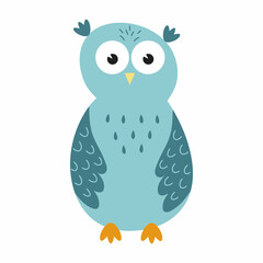Cute owl in the style of doodle blue color. Owl for a children's poster.