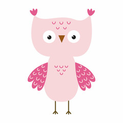 Cute pink owl for girls. Cartoon owl style doodle. Hand-drawn drawing.
