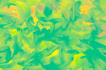 Fototapeta na wymiar Green painted background, liquid oil paint. Stained surface, bright swirl, colorful pattern. Abstract motley drawing, multicolored watercolor, painting design. Brush strokes texture, art canvas.
