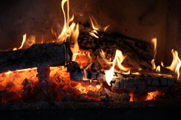 Close up of a burning fireplace at home