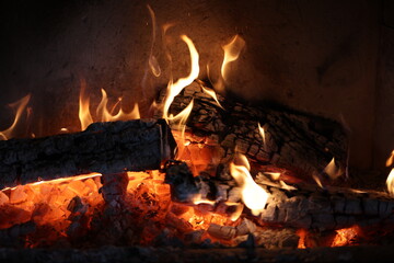 Close up of a burning fireplace at home