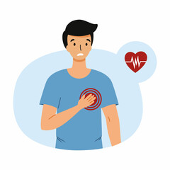 The man holds his hand in the heart area. Young man with heart pain, heart attack. Chest discomfort.