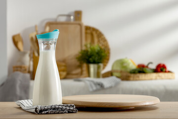 Milk on the table in the summer kitchen, ready for breakfast 