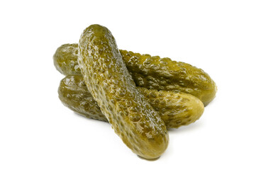 Fresh pickled or fermented cucumbers isolated on white background. Home preservation