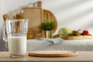 Milk on the table in the summer kitchen, ready for breakfast 