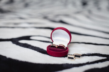 Groom's morning. Wedding accessories. A box with wedding rings and cufflinks