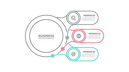 Business infographic thin line template. Presentation circles label design with icon and 3 options or steps. Vector illustration. 