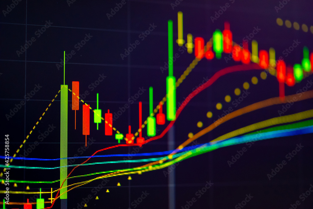 Poster stock market data on digital led display. fundamental and technical analysis with candle stick graph