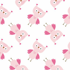 Seamless pattern with pink owls. Owl on a white background. Endless background for printing on fabric, textiles and packaging paper.