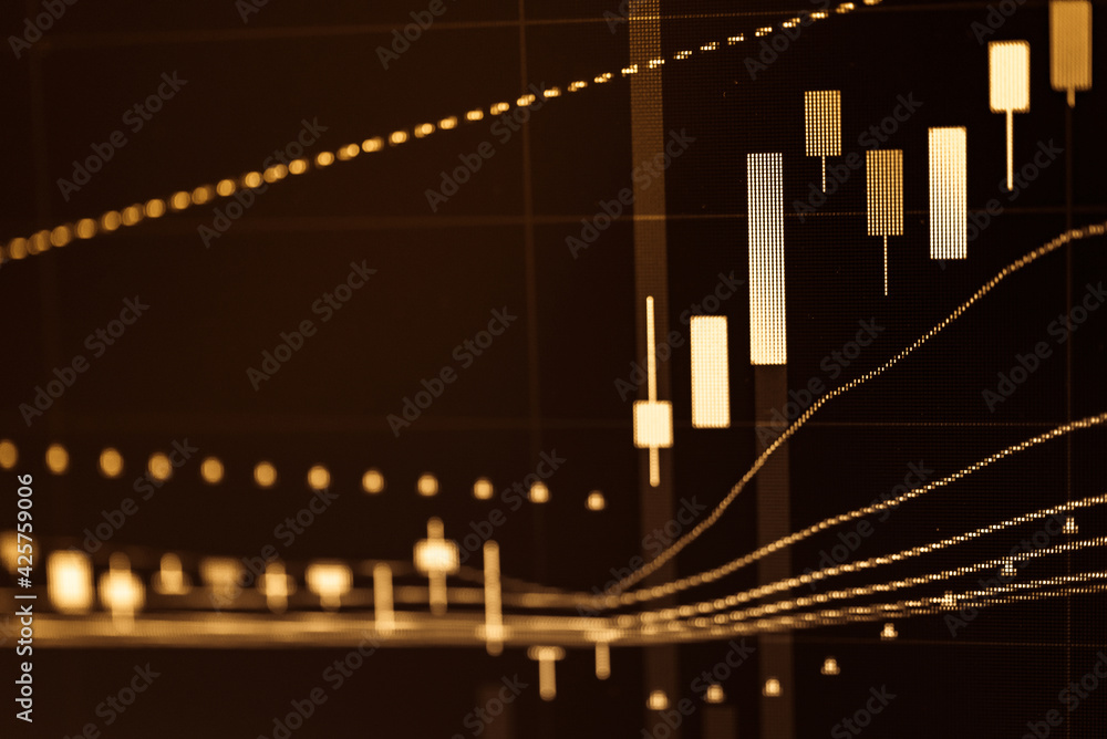 Poster stock market data on digital led display. fundamental and technical analysis with candle stick graph