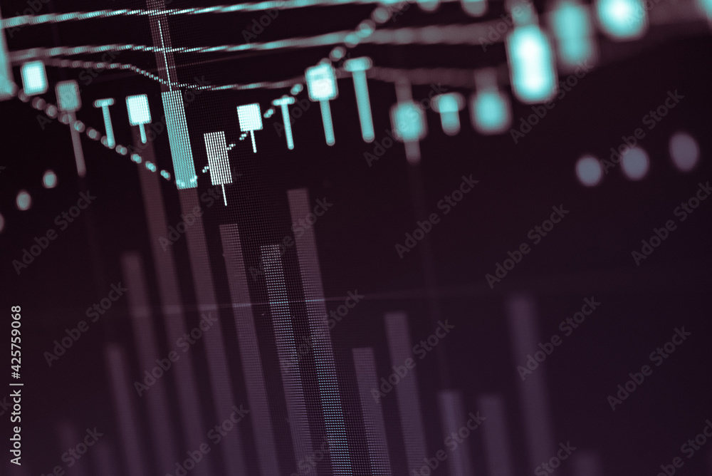 Poster stock market data on digital led display. fundamental and technical analysis with candle stick graph