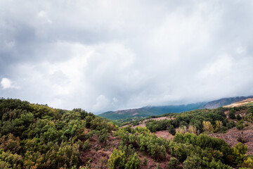 Fototapeta na wymiar Mountain landscape on a cloudy and rainy autumn day.