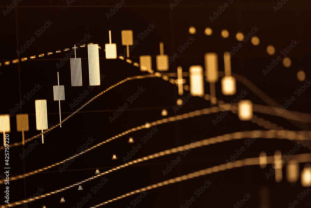Poster stock market data on digital led display. fundamental and technical analysis with candle stick graph