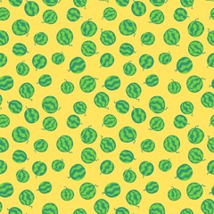 Green watermelons on yellow seamless pattern vector. Fresh tasty summer mood bright endless texture. Hand drawn cartoon fruit seamless pattern. Natural raw food green and yellow seamless pattern
