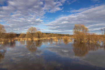Spring flood, the river overflowed its banks. Sunny spring day. High water level in the river. Rural landscape in early spring. Clouds and trees are reflected in the water.