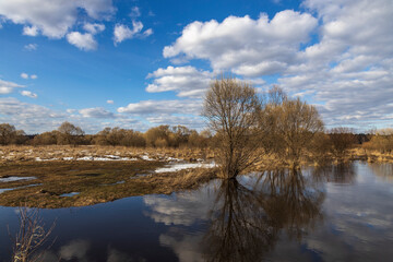 Spring flood, the river overflowed its banks. Sunny spring day. High water level in the river. Rural landscape in early spring. Clouds and trees are reflected in the water.