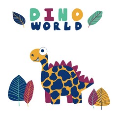 Funny cartoon dinosaur print for children stock vector illustration. Hand drawn spotted dino with tropical leaves and text Dino world. Happy dino in forest by orange, blue, green and purple colors