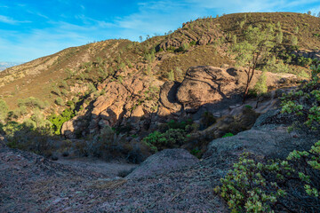 Rock formations in Pinnacles National Park in California, the destroyed remains of an extinct...