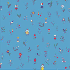 A pattern of silhouettes of small different flowers on blue background. vector illustration