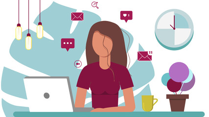 Vector graphics. Home office concept, woman working from home, student or freelancer. Cute vector illustration in flat style.