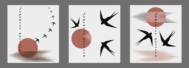 Trendy minimalistic Japanese style illustration set. Flock of swallows fly into bright sun, unity of water, air, nature. Vector illustration, birds hieroglyphs