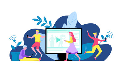 Internet at phone, online technology for smartphone, vector illustration. Man woman character use social media at screen, network app business.