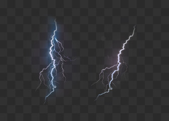 Fototapeta na wymiar A set of lightning Magic and bright light effects. Vector illustration. Discharge electric current. Charge current. Natural phenomena.