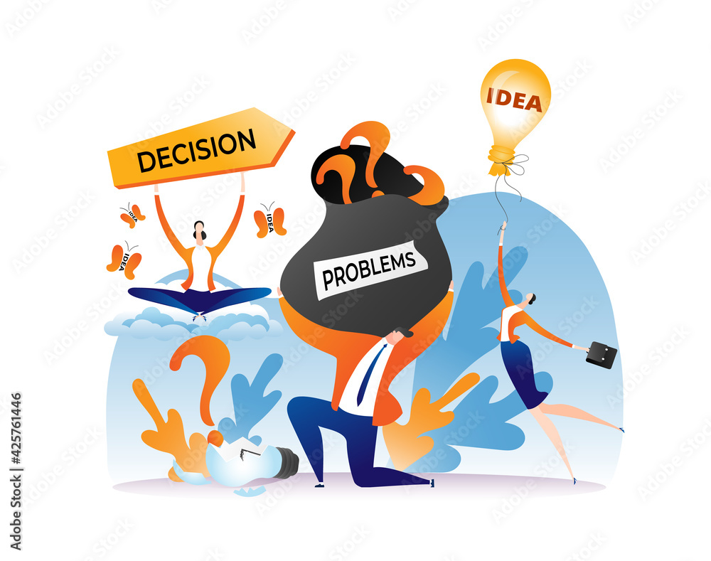 Poster business idea for problem decision concept, vector illustration. person character have solution to b