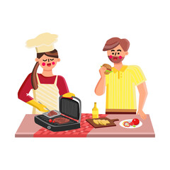Indoor Grill Fry Meat Girl And Boy Together Vector. Young Man Eating Burger And Woman Frying Steaks On Indoor Grill Equipment. Characters Grilling Tool And Ingredients Flat Cartoon Illustration