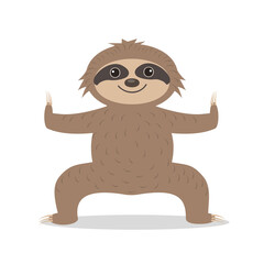 Sloth stands in yoga pose, color vector illustration cartoon clipart print design, print, sticker, design