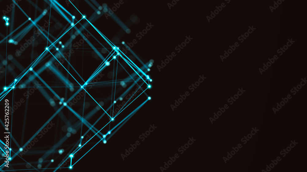 Fototapete 3d cube of lines and dots. wireframe polygonal element on dark background. science and technology. 3