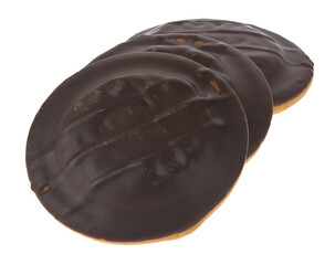 Chocolate covered biscuits isolated on white background close-up.